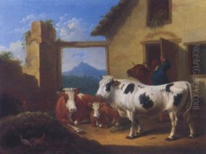 Kuhe Und Huhner Vor Dem Stall by Johann Baptist Dallinger von Dalling the Younger