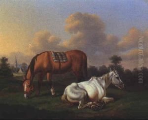 Zwei Pferde Auf Der Weide by Johann Baptist Dallinger von Dalling the Younger