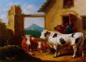Kuhe Mit Kalb Vor Einem Gehoft by Alexander Johann Dallinger Von Dalling