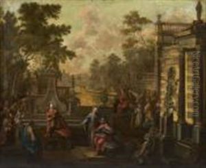 Assemblee De Personnages Avec Un Eveque Ayant Rendu Sa Mitre Et Sa Crosse Dans Un Palais Architecture Devant Un Jardin
