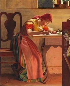 Interior With A Young Girl Writing A Letter by Christen Dalsgaard