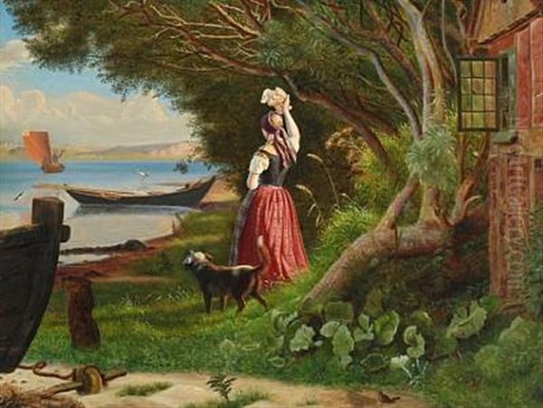 En Ung Pige, Der Vifter Farvel, Inlet Scenery With A Young Girl Parting From Her Lover, Standing With Her Dog Outside A Half-timbering House - view 1