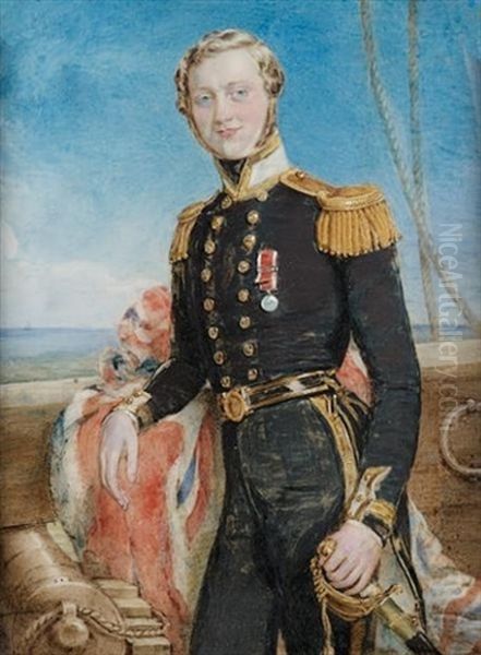 A Naval Sub-lieutenant (of The Artist's Family?), Wearing Blue Uniform With Gold Trimmed White Collar And Gold Epaulettes, The Medal Of The 1st China War At His Chest - view 1