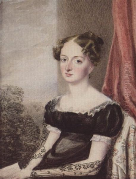 A Lady Wearing Black Dress With White Lace Collar And Cuffs, Black Lace Shawl And Drop Earring, Holding A Letter - view 1