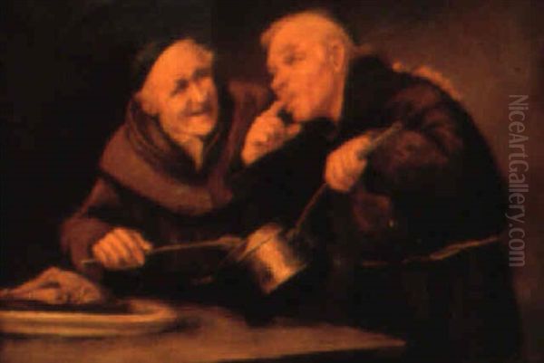 Two Jovial Monks Seated At A Tavern Table Drinking And Eating - view 1