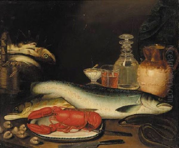 Fish, A Lobster And Some Cockles On A Kitchen Table - view 1