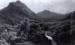 A Wooded Mountainous Landscape With Sheep By A Waterfall by Thomas Bolton Gilchrist Septimus Dalziel