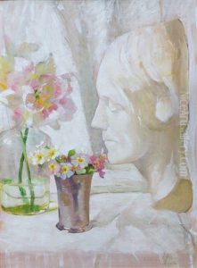 A Still Life With A Summer Bouquet And The Mask 'l'inconnue De La Seine' by Lucie Van Dam Van Isselt