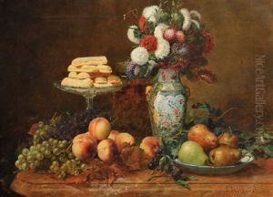 Nature Morte Au Grappes De Raisin, Peches, Poires, Boudoirs Et Vase De Fleurs