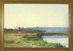 Franzosische Flusslandschaft Mit Stadt Im Hintergrund