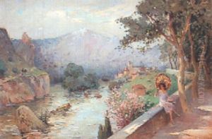 Femme A L'ombrelle Au Bord De La Riviere