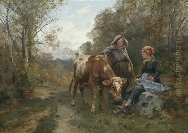 Two Country Women And A Cow In A Woodland Landscape - view 1