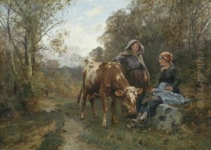 Two Country Women And A Cow In A Woodland Landscape by Emile Charles Dameron