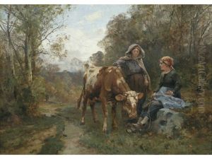 Two Country Women And A Cow In A Woodland Landscape by Emile Charles Dameron