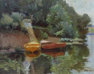 Les Barques Au Bord De La Riviere by Emile Charles Dameron