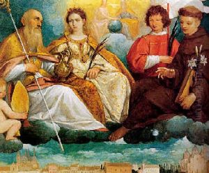 Saints Prodocimus, Giustina, Daniel And Anthony Abbott With The Holy Trinity by Pietro Damini