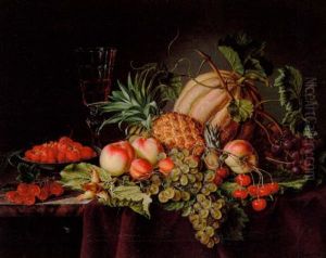 Opstilling Med Melon, Ananas, Jordbaer Samt Glas Med Rodvin Pa En Karm by Johan Frederik Damm