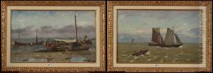 Marine & Chalutiers Sur La Plage (2 Works) by Frans Van Damme
