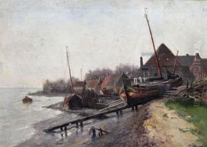 Bateau De Pecheur Echoue Pres D'un Village Au Bord De L'escaut