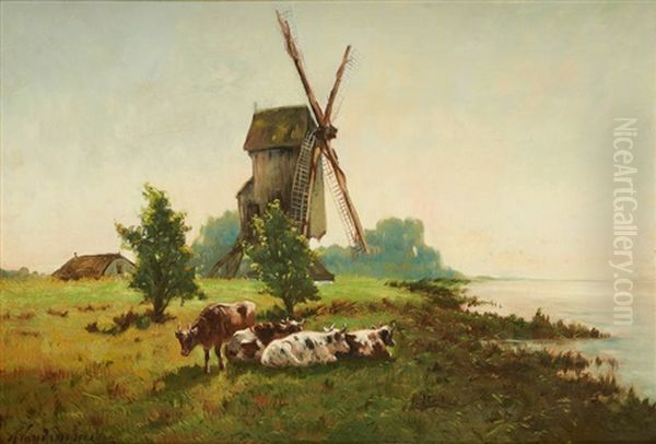 Vaches Sur Fond De Paysage Avec Moulin - view 1