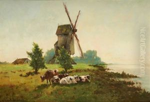 Vaches Sur Fond De Paysage Avec Moulin by Frans Van Damme