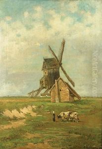 Boerinnetje Met Koeien Nabij De Molen by Frans Van Damme