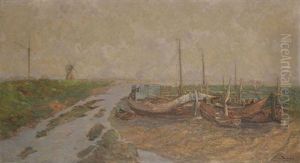 Chaloupes De Pecheurs Dans Une Boucle De Riviere Avec Moulin A Vent A L'arriere-plan by Frans Van Damme