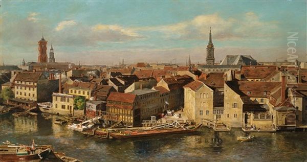 Die Spree Langs Der Stralauer Strasse (vom Markischen Ufer Aus) Mit Blick Auf Den Rathausturm Und Den Turm Von St. Marien. Rechts Die Gebaude Der Keibelschen Seifenfabrik - view 1