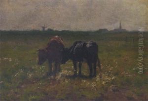 Cows In Pasture, A Windmill Beyond by Emile Van Damme-Sylva
