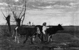 Flamische Bauerin Mit Zwei Kuhen Auf Dem Feld by Emile Van Damme-Sylva