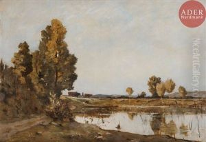 Paysage De Bord De Riviere by Pierre Emmanuel Eugene Damoye