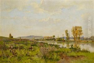 Sommertag Am Ufer Der Oise by Pierre Emmanuel Eugene Damoye