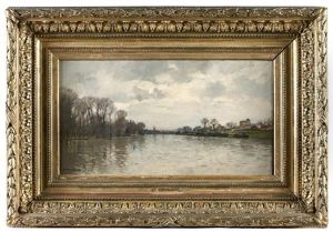 Pont Suspendu De Villeneuve La Garenne Vue De L'ile Saint Denis En Janvier by Pierre Emmanuel Eugene Damoye