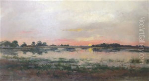 Sun Rising In A Red Sky Over A Lake Scene (+ Landscape With Village Scene In The Distance; 2 Works) - view 1
