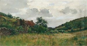 Weite Hugelige Landschaft Mit Haus by Pierre Emmanuel Eugene Damoye