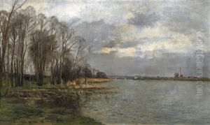 Franzosische Fluslandschaft. Im Hintergrund Eine Eisenbahnbrucke
