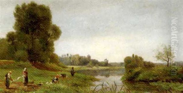 Washerwomen And A Fisherman On The Banks Of A River - view 1