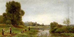 Washerwomen And A Fisherman On The Banks Of A River by Pierre Emmanuel Eugene Damoye