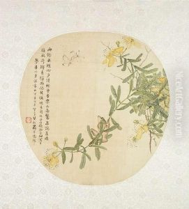 Flowering Twig With Insects And Frog. China, Dated 1864, Fan Painting With Silk Mounting, Ink And Colours On Silk, Poetic Inscription And Dedication, Signed Luo Anxian, One Seal Of The Artist - Good Condition by Lio Anxian
