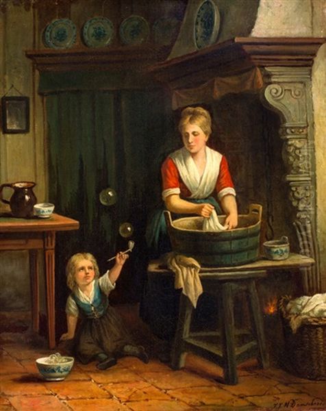 Wasvrouw Met Bellenblazend Kind - view 1