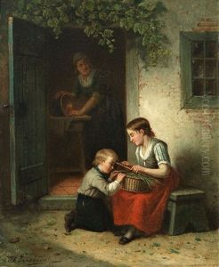 Familienidyll. Mutter Bei Der Hausarbeit Schaut Den Spielenden Kindern Zu by Jan Jacobus Matthijs Damschroeder