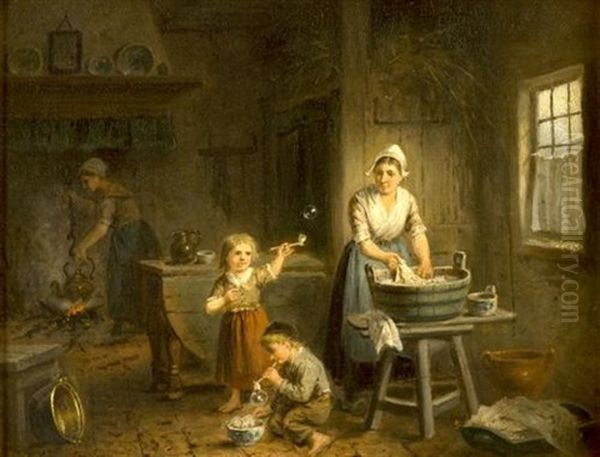 Mother And Children Doing Washing - view 1