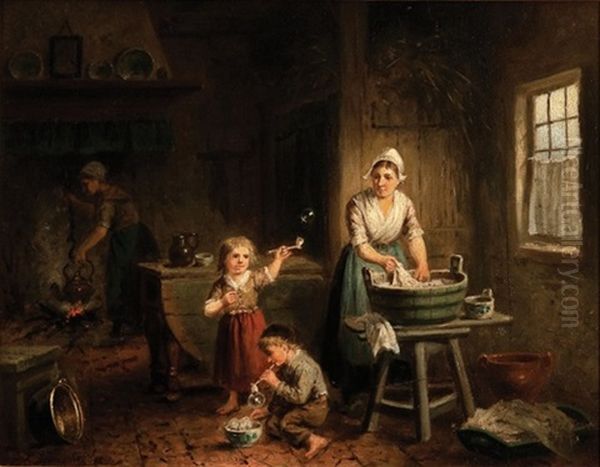 Children And Mother Doing Washing - view 1