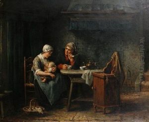 A Family In A Kitchen Interior by Jan Jacobus Matthijs Damschroeder