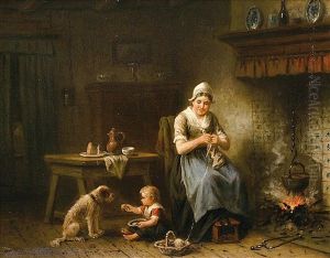 Familienszene In Der Friesenkuche Mit Mutter, Kind Und Hund Familienszene In Der Friesenkuche Mit Mutter, Kind Und Hund