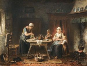 In Der Friesenkuche. Familienszene Mit Kindern Und Katze