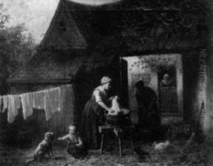 Washerwomen In A Cottage Yard by Jan Jacobus Matthijs Damschroeder