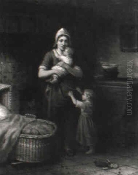Junge Mutter Mit Ihren Beiden Kindern In Der Stube - view 1