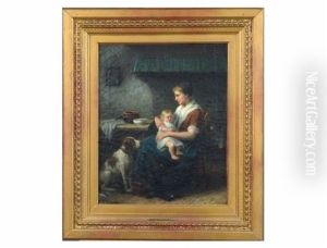 Untitled, Interior Scene With Mother, Child, And Dog by J.J.M. Damschroeder