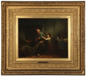 Interior Scene With A Seated Elderly Woman By The Fireside And A Young Girl Serving Her Tea